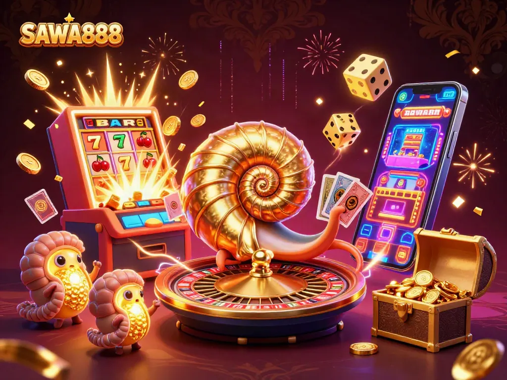 SAWA888 showcases a vibrant casino scene with an ancient nautilus roulette and glowing fossils.