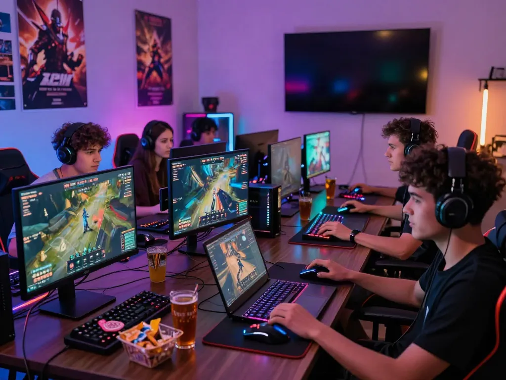 Online gaming group enjoying immersive experience at https://hitclubt3.com/ with vibrant atmosphere and tech gadgets.