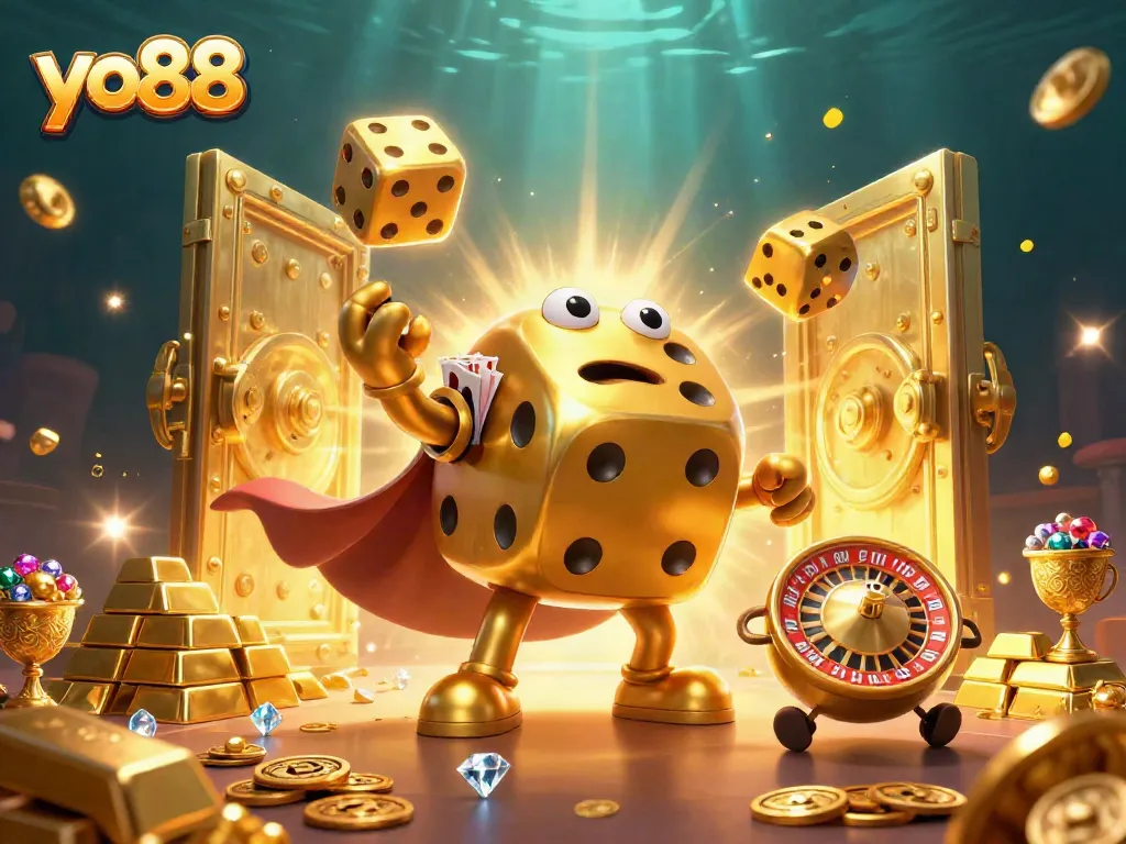 Experience thrilling gameplay with yo88's exciting 3D casino illustration featuring vibrant golden elements.