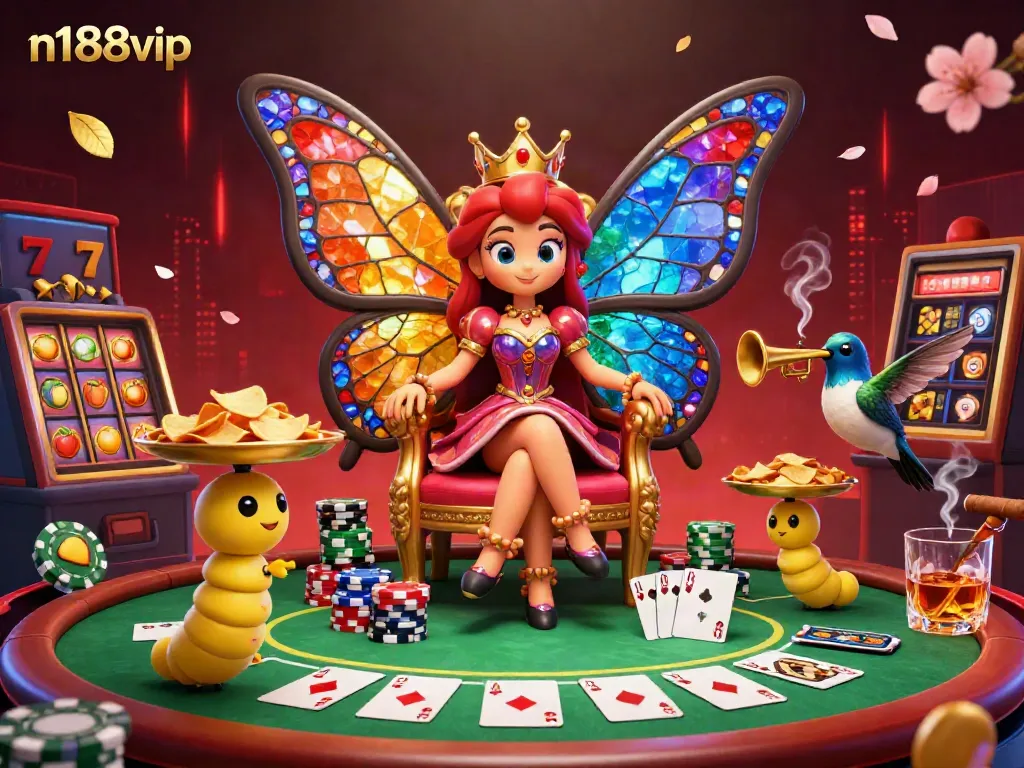 Play exciting games at n188vip with vibrant casino characters amidst colorful slot and poker elements.