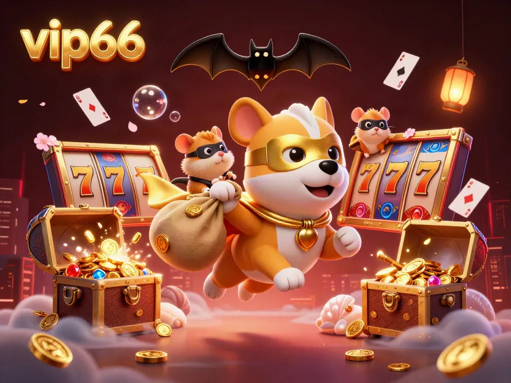 Experience gambling excitement with Vip66, featuring a superhero dog, gold coins, and vibrant casino elements.